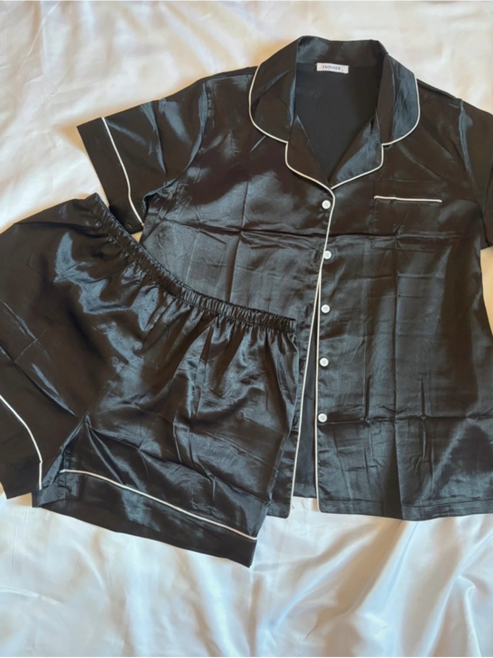 Silky Black Short Pajama Set with White Piping
